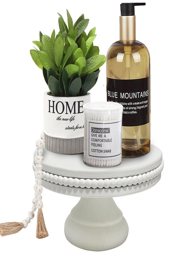 dwellington White Wash Display Wood Riser, 8.25inch Shabby Chic Pedestal Tray Decor with Beads, Farmhouse Display Stands for Coffee Bar, Bathroom, Kitchen Island (White) - Image 1